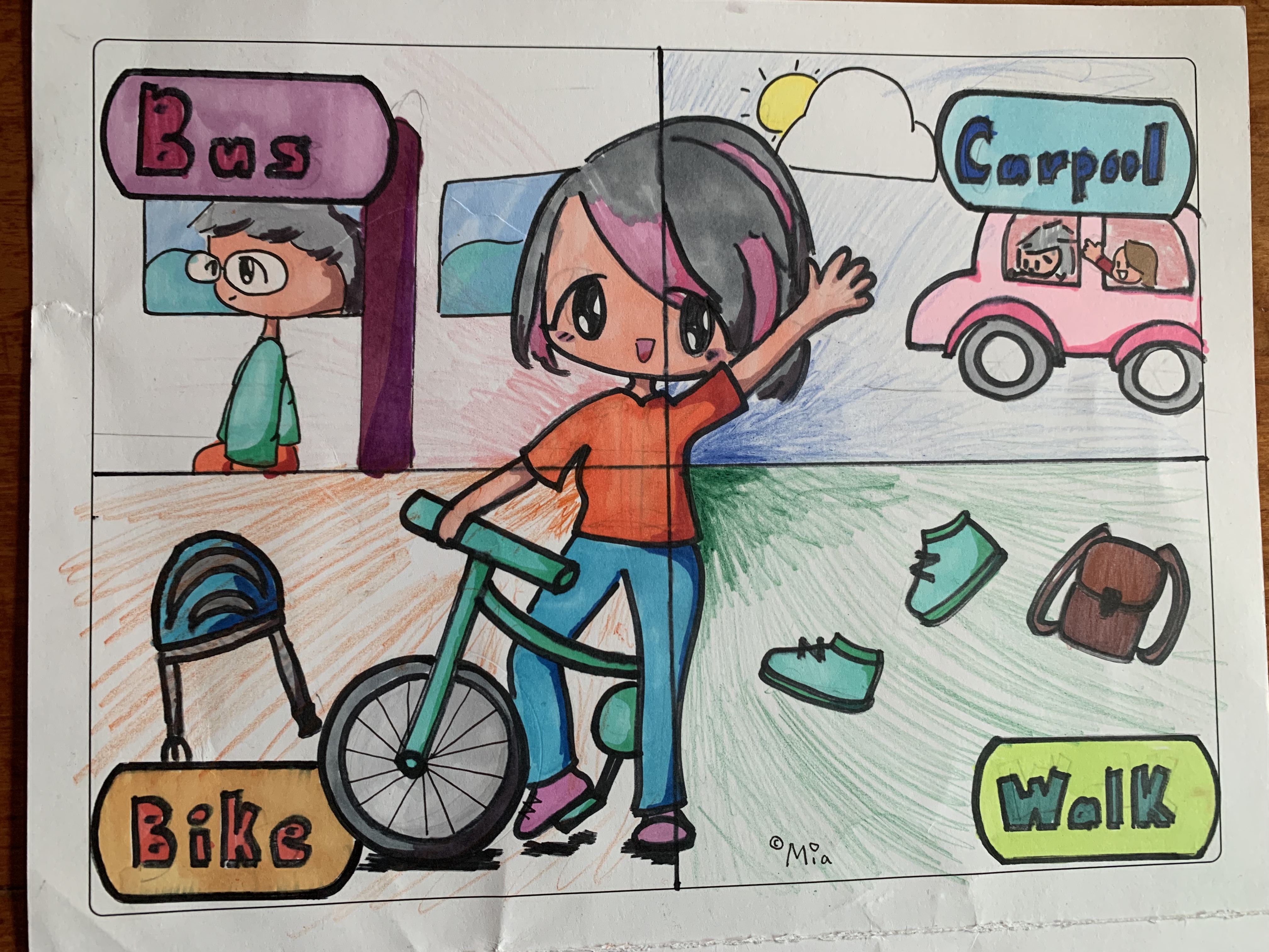 Bus, carpool, bike and walk pictures with cyclist in Anime style