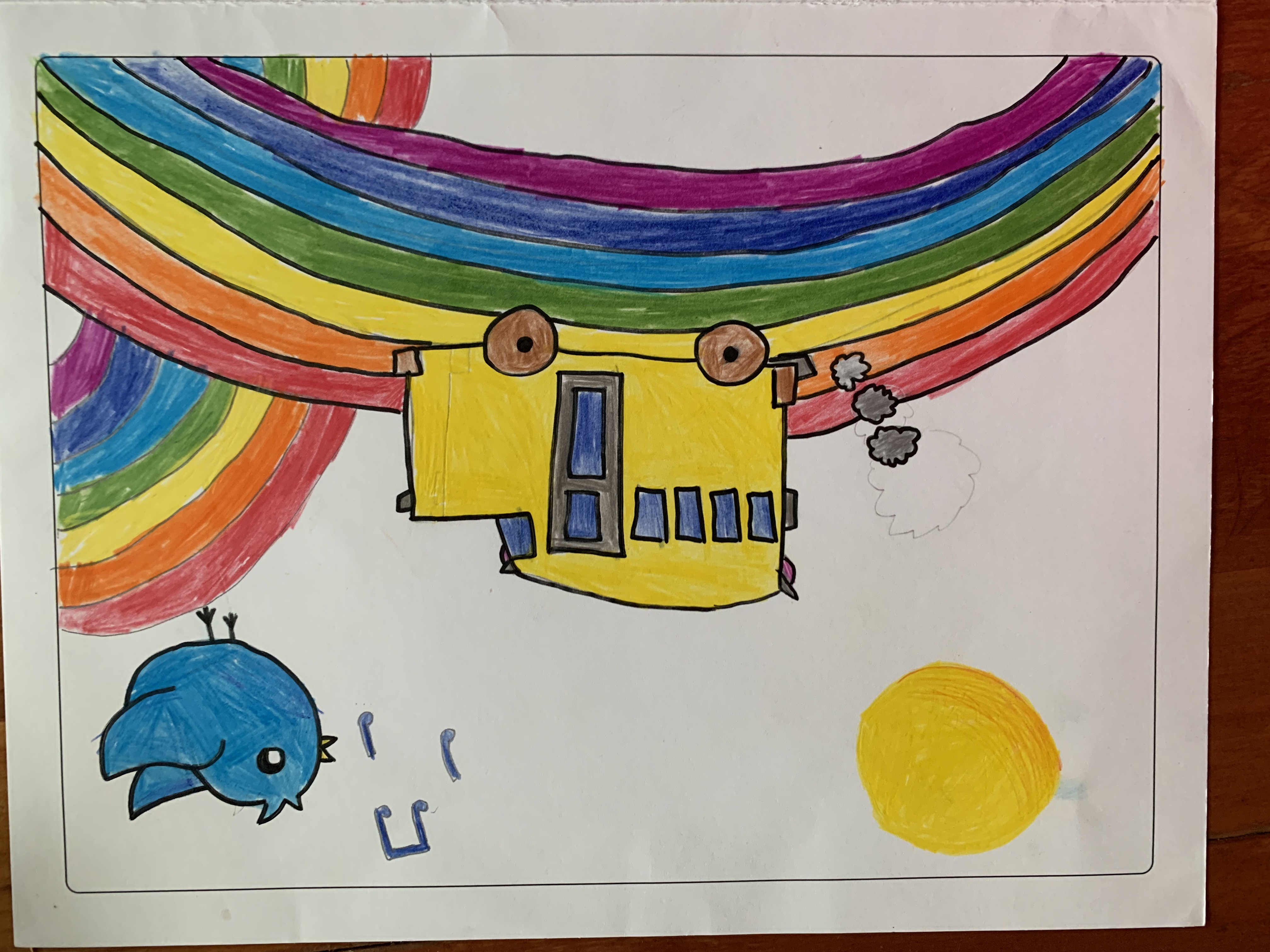 School bus and bird on rainbows